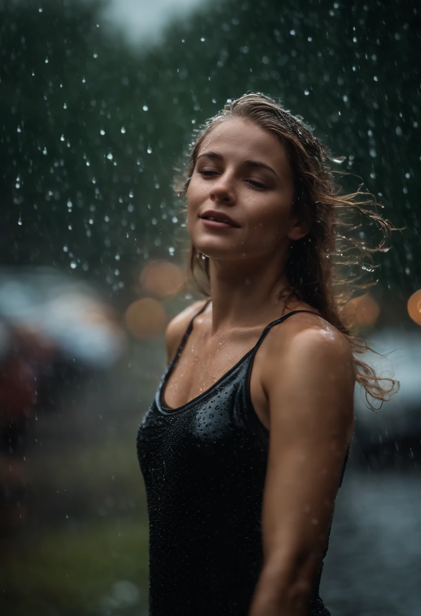 a close-up shot of the girl’s face, capturing the raindrops on her skin and the intensity of her emotions as she dances in the rain