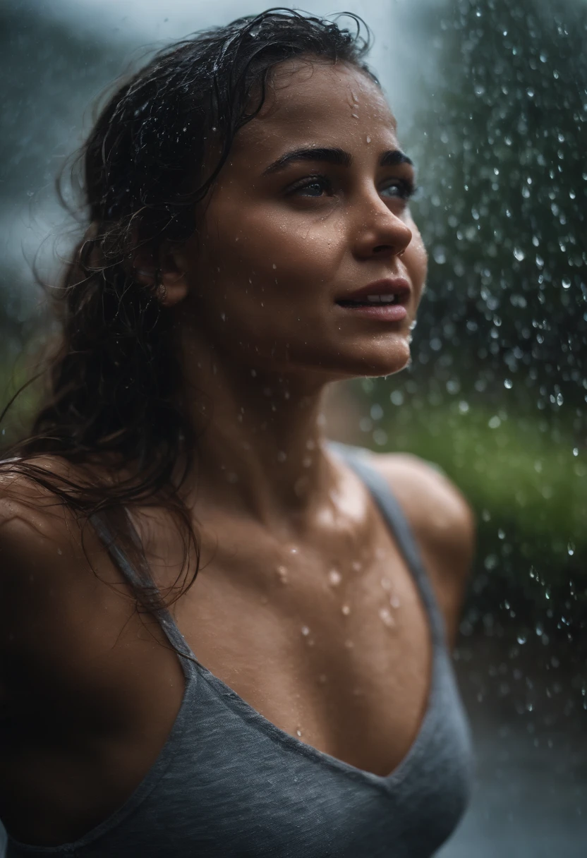 a close-up shot of the girl’s face, capturing the raindrops on her skin and the intensity of her emotions as she dances in the rain