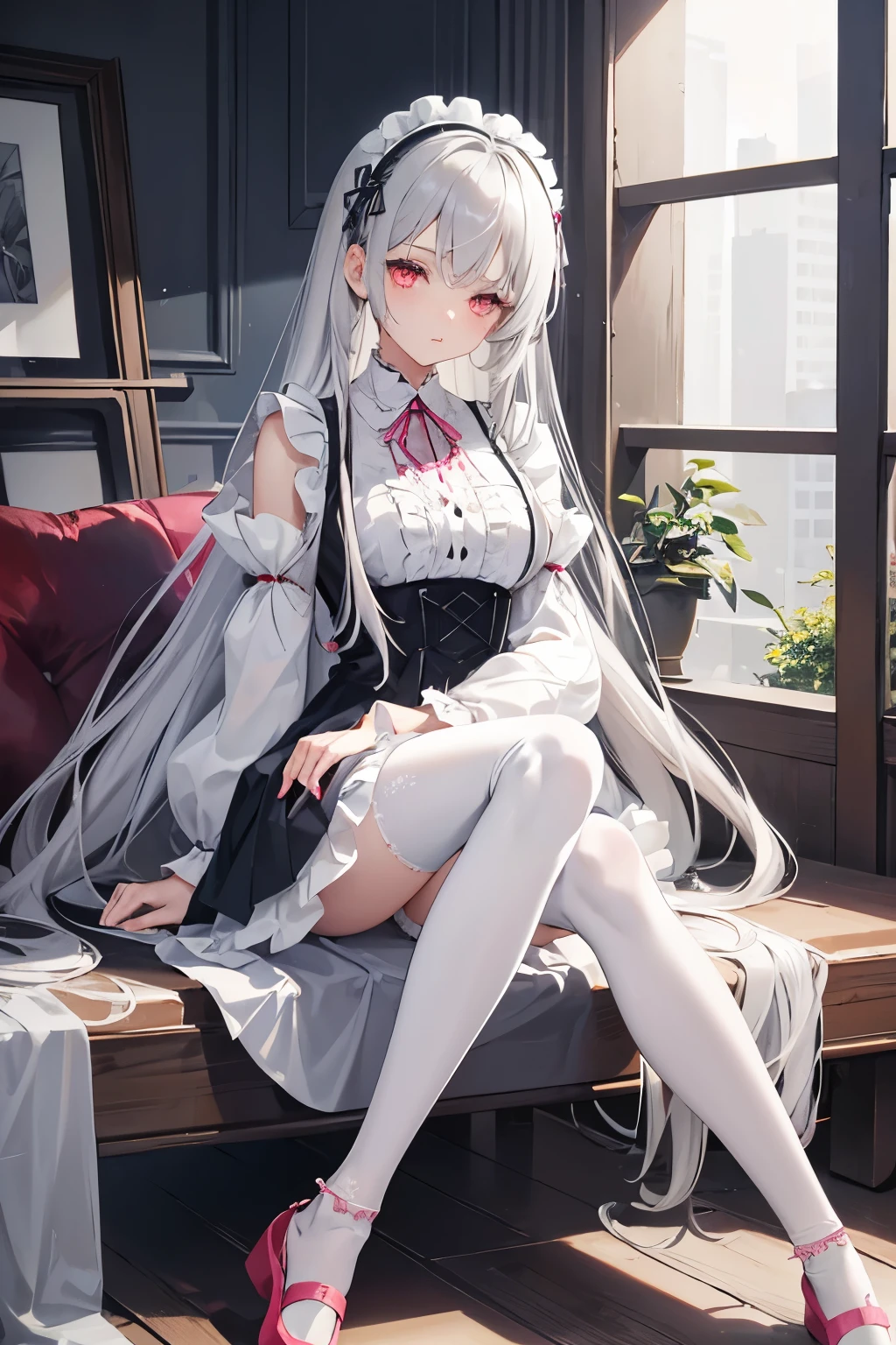 Young girl with long cascading silky silver-grey hair, cold red eyes, icy expression and aura, a white cotton blouse with delicate ruffles on the sleeves and collar. Her grey leggings hugged her slim legs perfectly, and her practical yet stylish shoes had pink laces and sturdy soles.