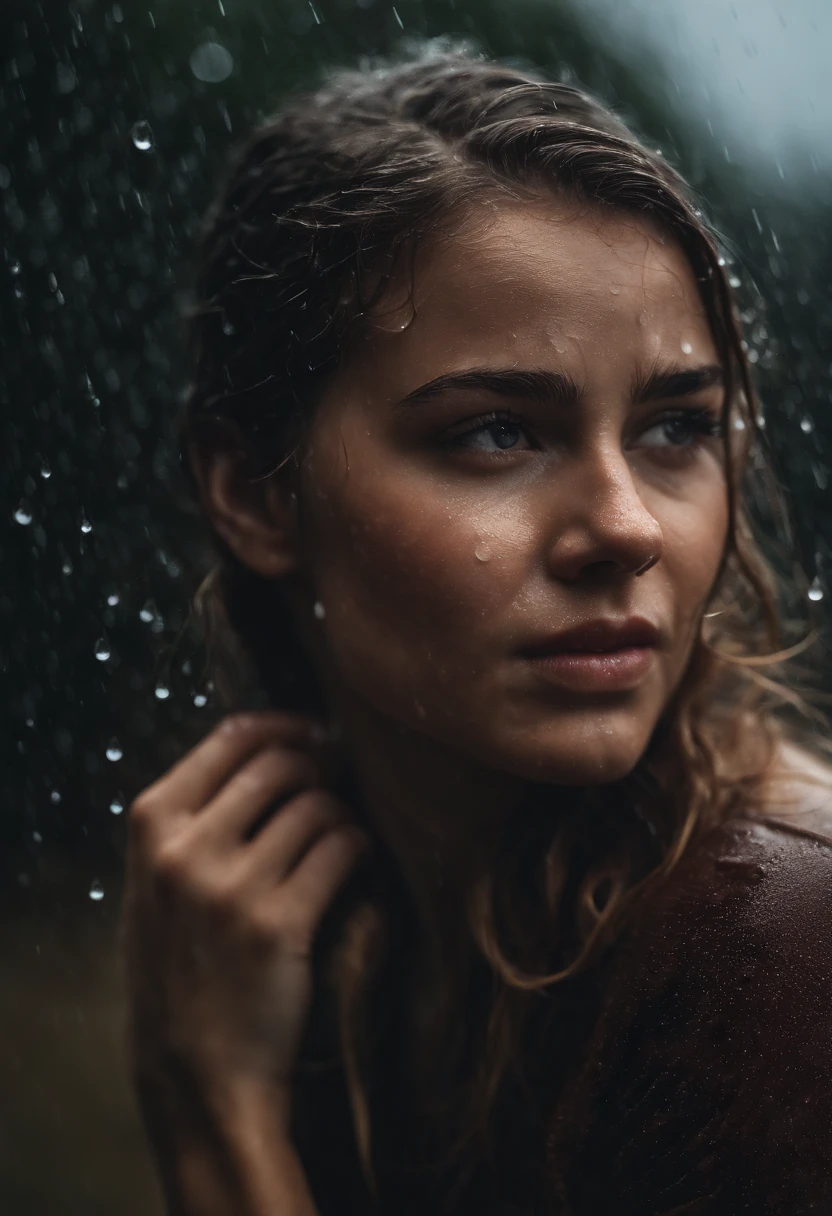 a close-up shot of the girl’s face, capturing the raindrops on her skin and the intensity of her emotions as she dances in the rain