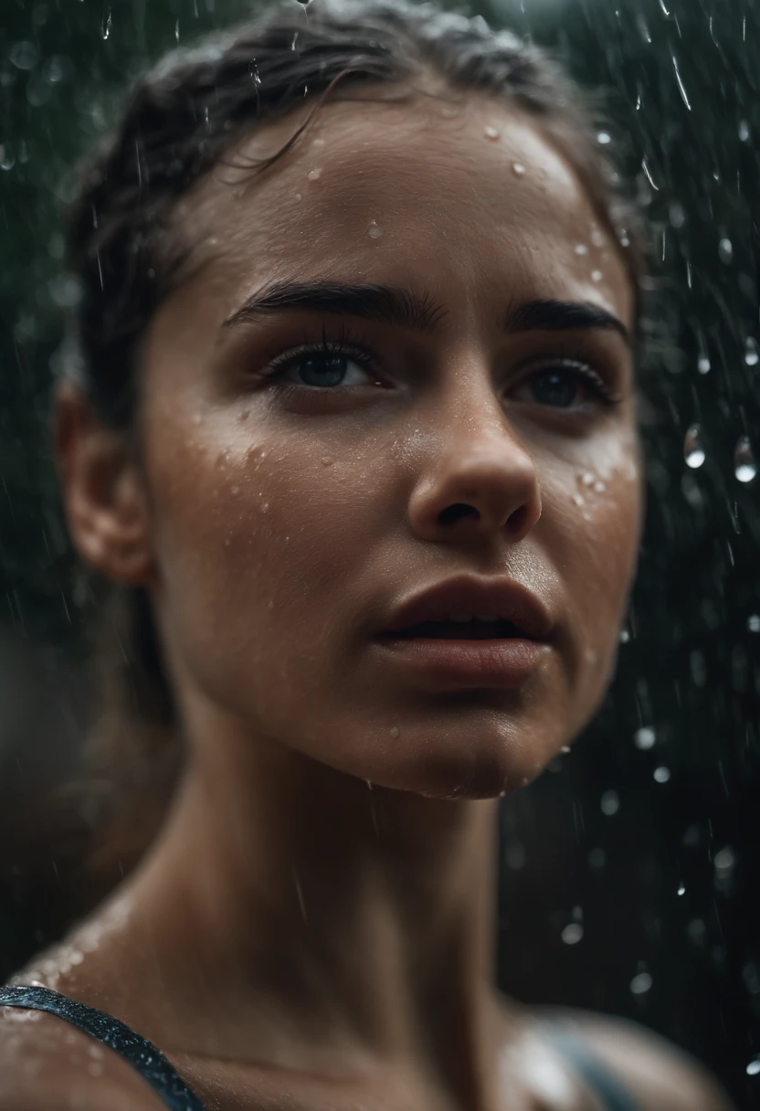 a close-up shot of the girl’s face, capturing the raindrops on her skin and the intensity of her emotions as she dances in the rain