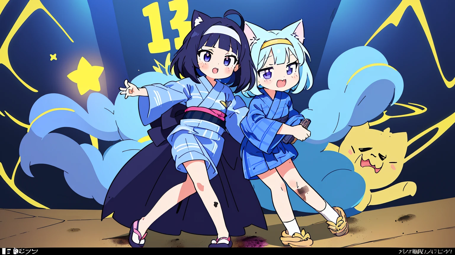 (Theatrical animation quality:1.5),(high anime color:2.0),(anime ultra high definition:2.0),(colorful anime illustration:2.0),(Anime visuals of cute girls:2.0),(very complicated:1.8),alone,(BCOCA style:1.8),(Idol Master:1.5),(beautiful girl:1.8),(Elementary school student full of wildness:0.5),(Cute girl with a small face:1.5),(13 years old with good style:1.8),(:1.5),
break,(purple eyes:1.5),(Cat-like eyes:1.5),(Steadfast younger sister character:1.5),(childish girl:2.0),(low length:1.8),(big chest:1.3),(dark indigo hair:1.8),(medium blunt bangs:1.8),(short hair:0.5),(hair is dirty:1.8),
break,
(The color of the plaid headband is blue.:1.6),(double teeth:1.3),
break,(Mini length open yukata figure:1.5),Show bare legs、Nipples are visible when slouching,(smile:1.1),Standing picture,(Cat-like pose:1.1),blush,espadrilles,masterpiece,super detailed,high quality,最high quality,