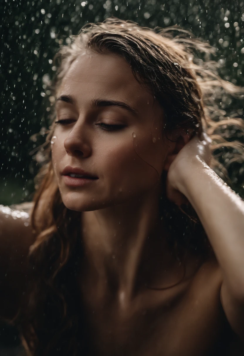 a close-up shot of the girl’s face, capturing the raindrops on her skin and the intensity of her emotions as she dances in the rain