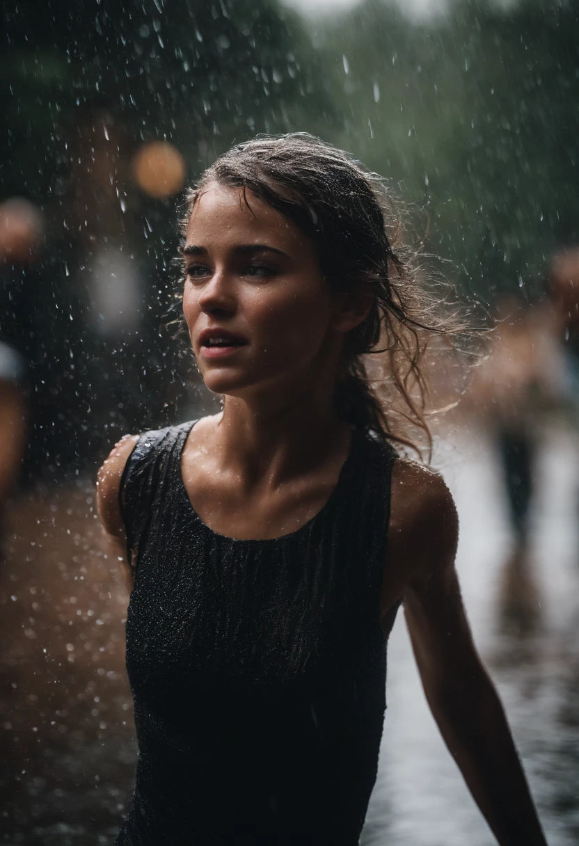 a close-up shot of the girl’s face, capturing the raindrops on her skin and the intensity of her emotions as she dances in the rain