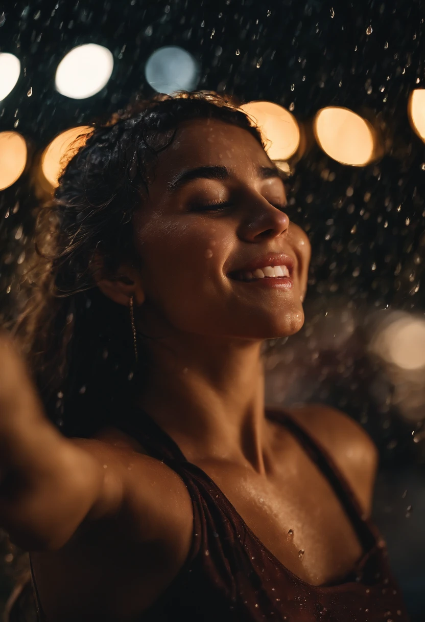 a close-up shot of the girl’s face, capturing the raindrops on her skin and the intensity of her emotions as she dances in the rain