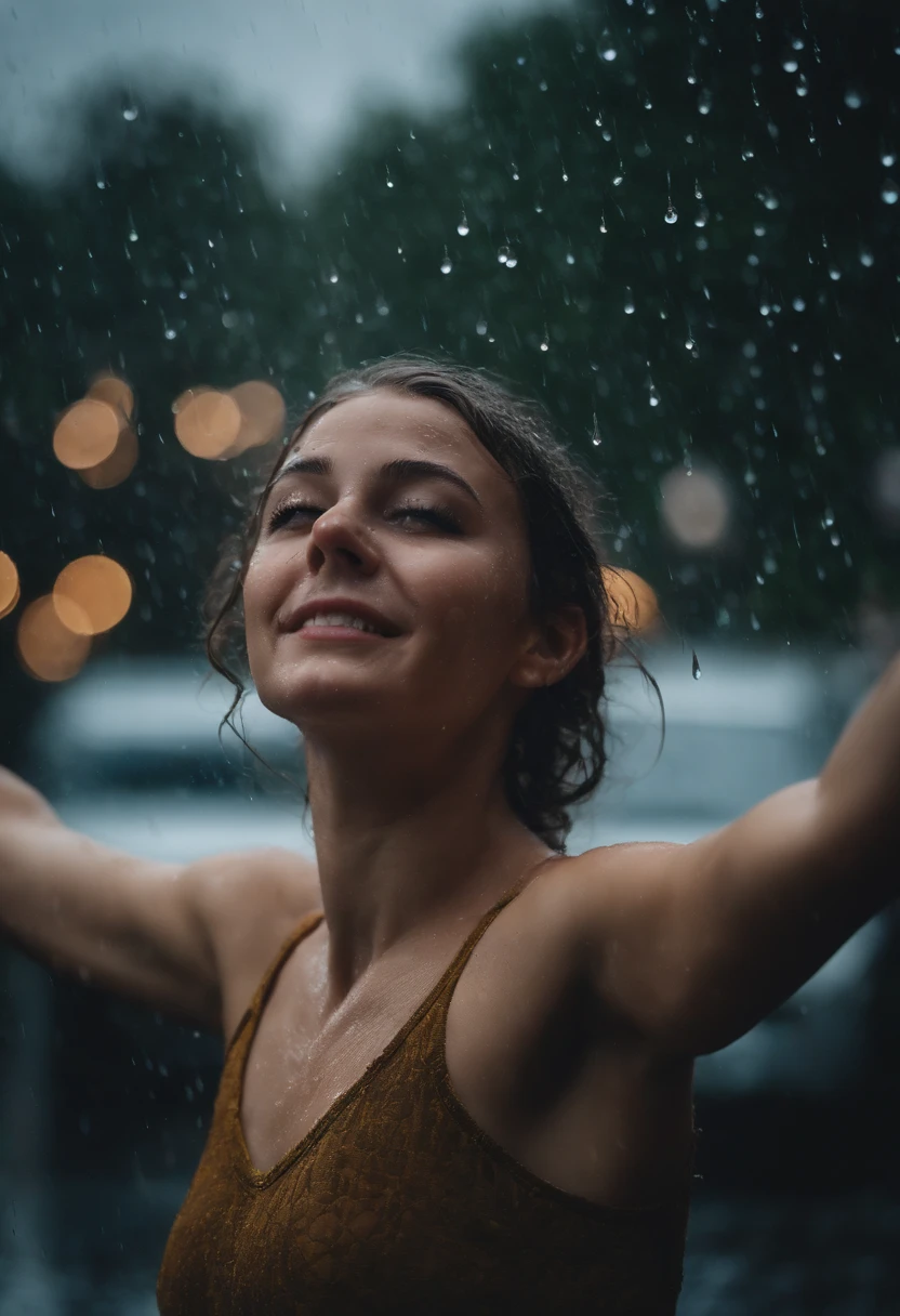 a close-up shot of the girl’s face, capturing the raindrops on her skin and the intensity of her emotions as she dances in the rain