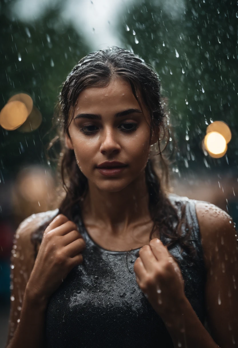 a close-up shot of the girl’s face, capturing the raindrops on her skin and the intensity of her emotions as she dances in the rain