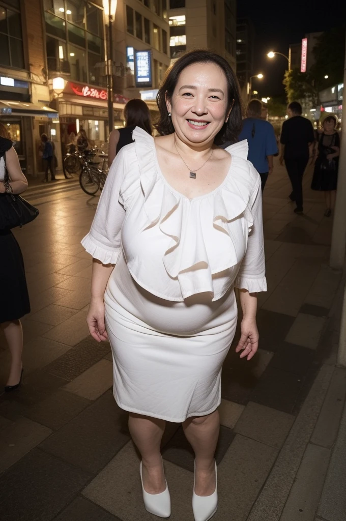 masterpiece, best quality, 16K, city, old woman, happy, smiling, standing, looking at viewer, front view, long hair, wave hair, black hair, eyes open, (large breasts:1.28), (wrinkles corners eyes:1.38), (nasolabial:1.38), (old skin:1.38), wrinkles skin, freckled skin, pale skin, (old muscles:1.2), plump, (mini skirt), (frilled clothing), (blouse), (high-heels), piercing, necklace, freckles, chubby, elderly, old, japanese, outside, in the city, at night, nsfw, full body shot, from front