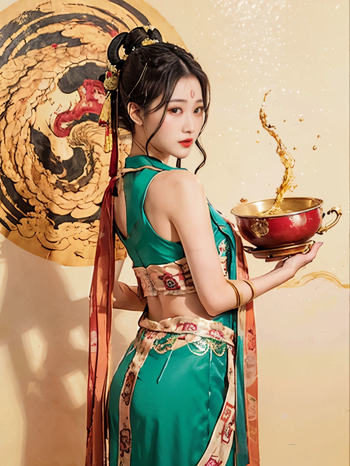 masterpiece, traditional chinese ink painting, 1 girl, long hair, look at viewer, tease, Spirit, loong, dunhuang_style, dunhuang_cloths, UHD Dragon horn, A dragon is flying, 4k, best quality, super detail, award winning, high quality, best quality, high details