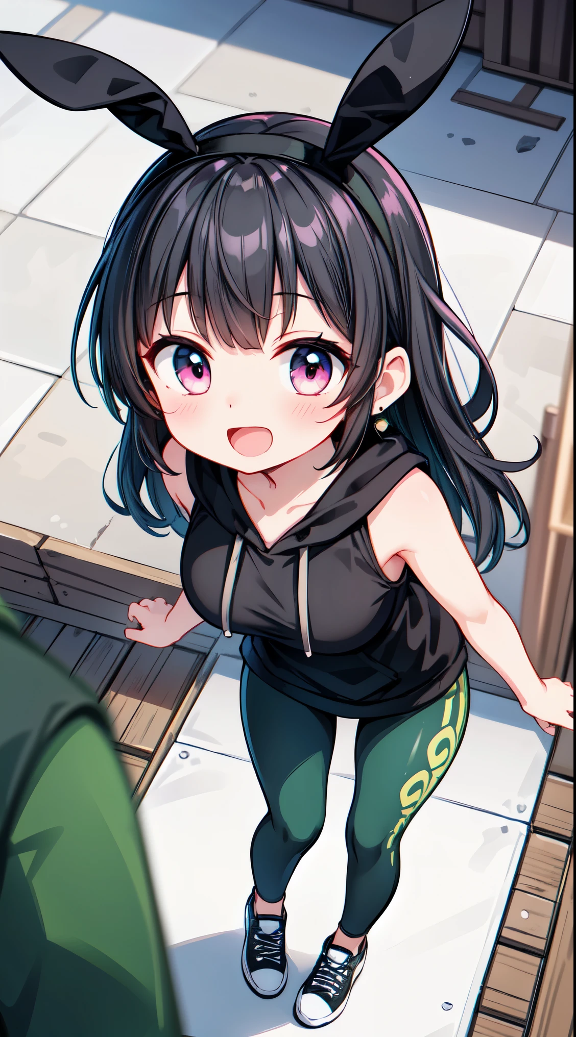 (super fine illustration:1.2),(masterpiece, 8k), (best quality, high quality:1.4), perfect anatomy, hyper detailed, ultra detailed,masterpiece background,beautiful detailed background, v8k wallpaper,perfect design,award-winning art,atmospheric, BREAK, 1 beautiful girl, (horny girl, cute, full of energy),(Cute:1.5),(Chibi:0.6),(kawaii:1.5),(change:0.5),BREAK,(17 years old girl), colorful, highest details, BREAK, (Huge breasts: 1.35), (black hair:1.75), (Side Ponytail,medium-Long hair: 1. 2), (pink eyes, long eyelashes, Double eyelids: 1. 2), (white bunny ears headband:1.2),gleaming skin,Clear skin, Beautiful skin, Shy skin,(best quality face),(Top quality glowing eyes),(The best smile,:D:1.45), nose blush,BREAK squatting, hands in pocket, close-up thighs,
BREAK (black theme:1.4), (sleeveless black hoodie:1.4), ((bare shoulder, bare arms):1.3),
BREAK (black and deep-green calligraphy patterns leggings pants:1.4), (earrings:1.2), (sports shoes:1.1),black pantyhose, BREAK outdoors, winter park, snow, BREAK,wakame,wakame,wakame,(from above,cowboy shot:1.5) , hanging breasts, nose blush, heavy breathing, steam, ((:o):1.2) BREAK,(Blurry background:1.3),(absurderes, hight resolution, Super Detail Art),cel shading,Clear Color, Lonely optical effect, Beautiful pictures, Bright glow, mystic atmosphere,(Close-up of girl:0.8), Mystical light particle effect,manga influence, clean line drawings