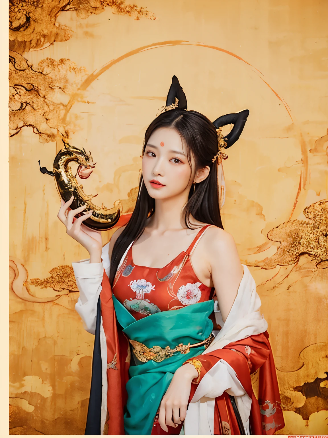 masterpiece, traditional chinese ink painting, 1 girl, long hair, look at viewer, tease, Spirit, loong, dunhuang_style, dunhuang_cloths, UHD  Dragon horn, A dragon is flying, 4k, best quality, super detail, award winning, high quality, best quality, high details