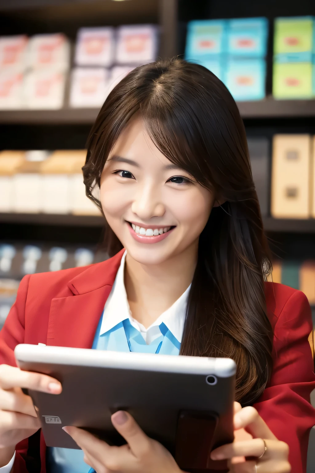 realistic photos、 A smiling female businessperson is operating a tablet device.