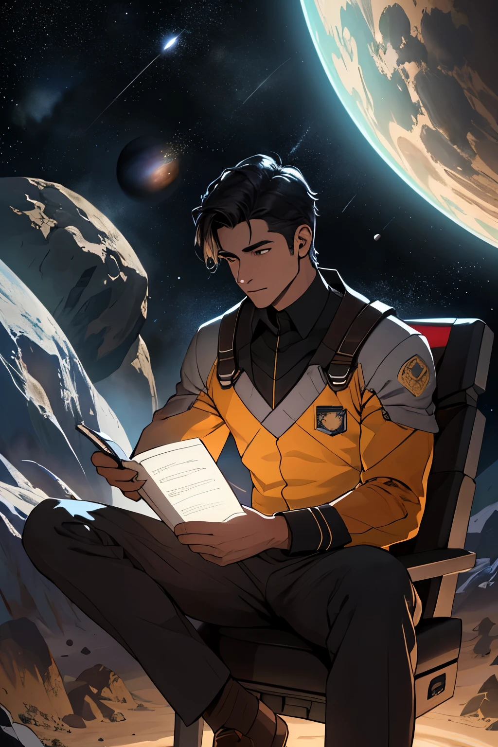 Dibuja a un joven programador, sitting on a research platform floating in the middle of an asteroid belt. He is studying with a notebook, rodeado de varios asteroides que brillan con auras ardientes. Dramatic lighting from distant stars and planets illuminates the scene, proyectando sombras profundas en el traje. El joven parece confiado y decidido, Mirando el vasto y misterioso universo con asombro y respeto,vello facial, tiro de vaquero,