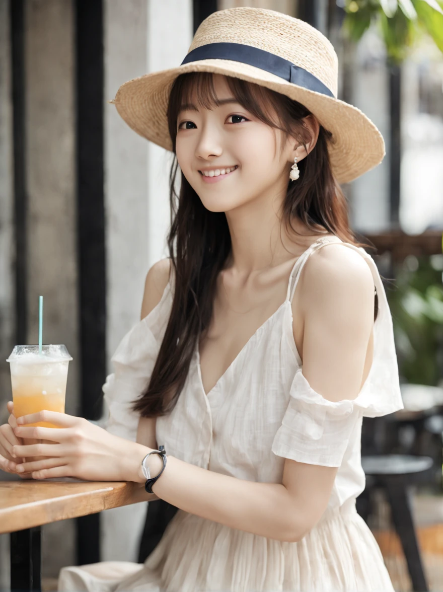 (A very beautiful and cute girl with a gentle expression), (Masterpiece:1.3), (Photorealistic, Raw photography, Best Quality:1.4), HDR, (Ultra high Detailed), (Detailed face), Very perfect and beautiful cute face, (Detailed hair), Beautiful hairstyle, bangs, (Detailed eyes), cute eyes, (Detailed skin), Realistic skin, Beautiful skin, Ultra high definition, medium breasts:0.6, slim figure, (super model figure), so cute Japanese sexy young girl, gentle smile, so young Idol, ( wearing a linen shirt, long skirt, hat ), (earrings, bracelets), upper-body_shot:1.3, At a cafe with a seaside terrace