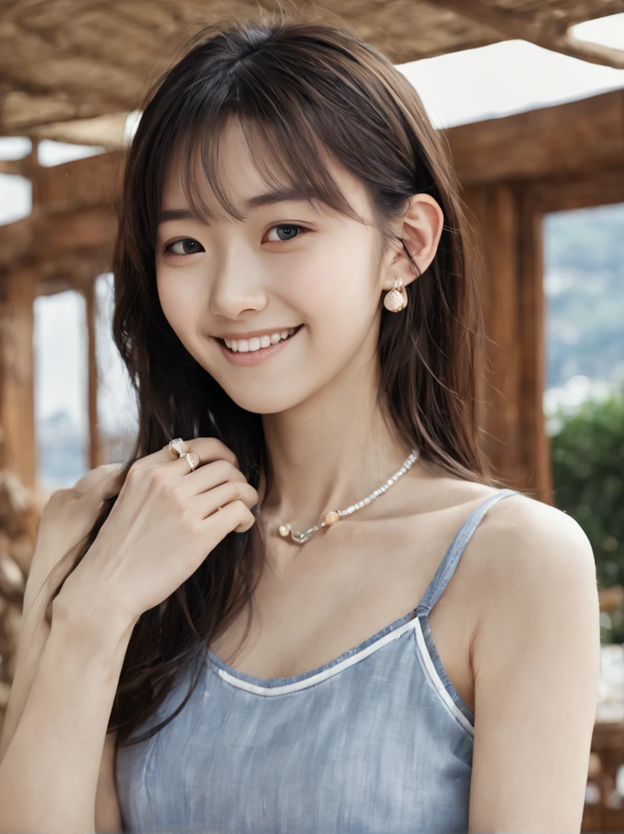 (A very beautiful and cute girl with a gentle expression), (Masterpiece:1.3), (Photorealistic, Raw photography, Best Quality:1.4), HDR, (Ultra high Detailed), (Detailed face), Very perfect and beautiful cute face, (Detailed hair), Beautiful hairstyle, bangs, (Detailed eyes), cute eyes, (Detailed skin), Realistic skin, Beautiful skin, Ultra high definition, medium breasts:0.6, slim figure, (super model figure), so cute Japanese sexy young girl, gentle smile, so young Idol, ( wearing a linen shirt, long skirt, hat ), (earrings, bracelets), upper-body_shot:1.3, At a cafe with a seaside terrace
