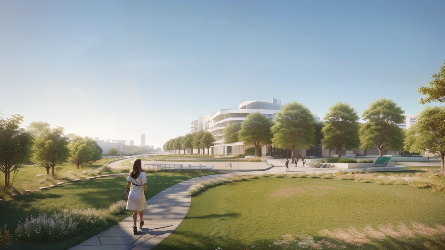 there is a woman walking down a path in a park, photo from 2022, wide angle exterior 2022, digital rendering, mantra rendering, rendering, architectural rendering, artistic impression, by Jakob Gauermann, near the beach, ground view shot, artist's impression, artist impression, photorealistic”, photorealistic ”, medical research facility, detailed rendering