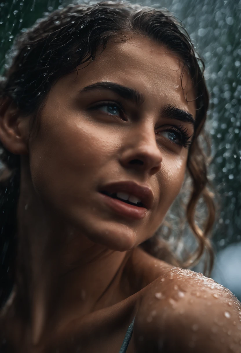 a close-up shot of the girl’s face, capturing the raindrops on her skin and the intensity of her emotions as she dances in the rain
