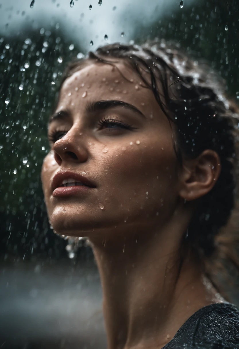 a close-up shot of the girl’s face, capturing the raindrops on her skin and the intensity of her emotions as she dances in the rain