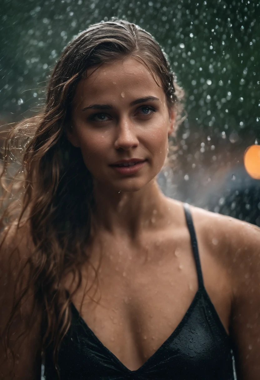 a close-up shot of the girl’s face, capturing the raindrops on her skin and the intensity of her emotions as she dances in the rain