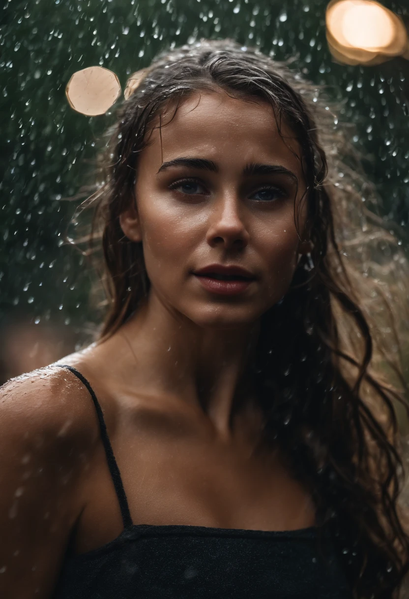 a close-up shot of the girl’s face, capturing the raindrops on her skin and the intensity of her emotions as she dances in the rain