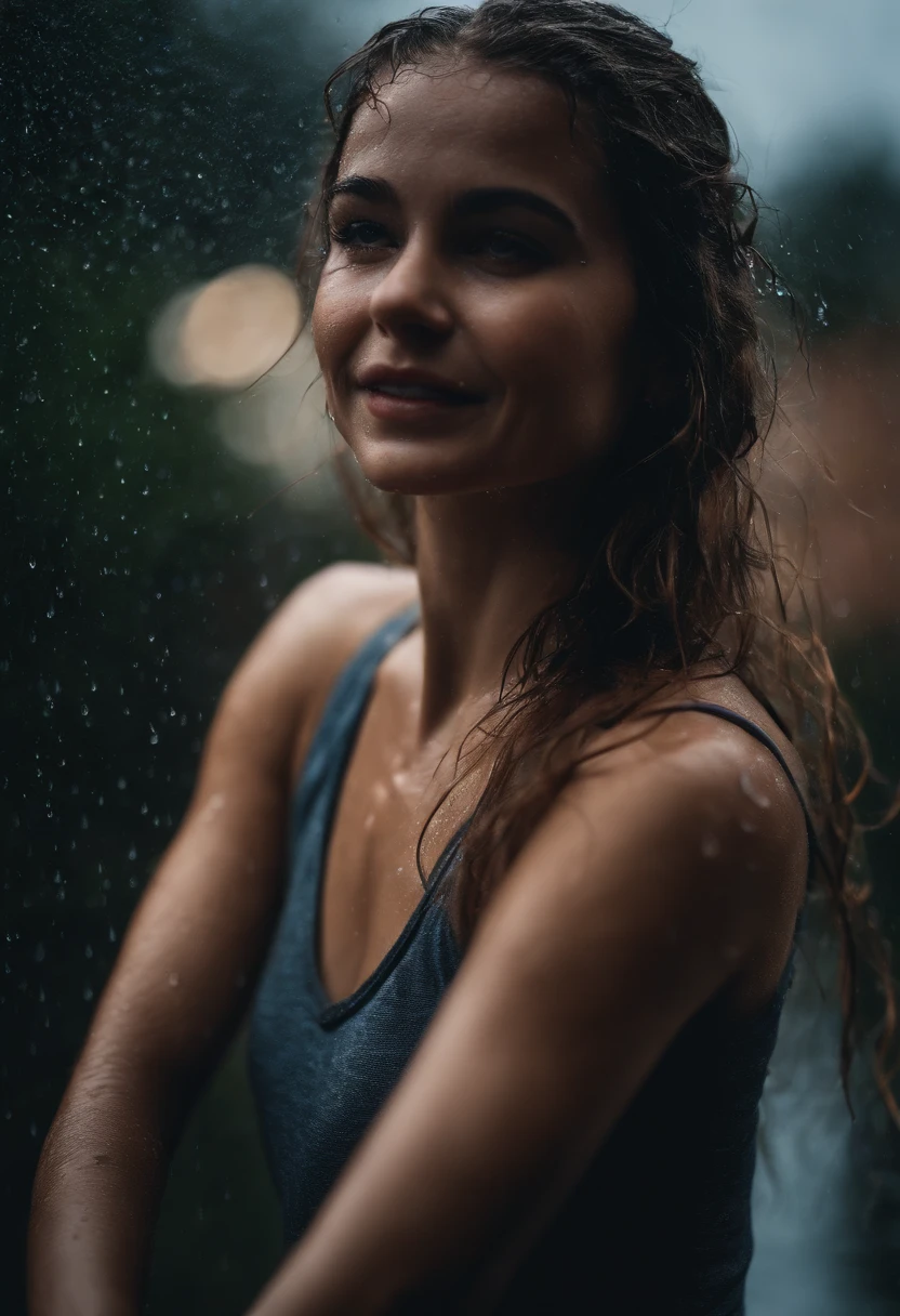 a close-up shot of the girl’s face, capturing the raindrops on her skin and the intensity of her emotions as she dances in the rain