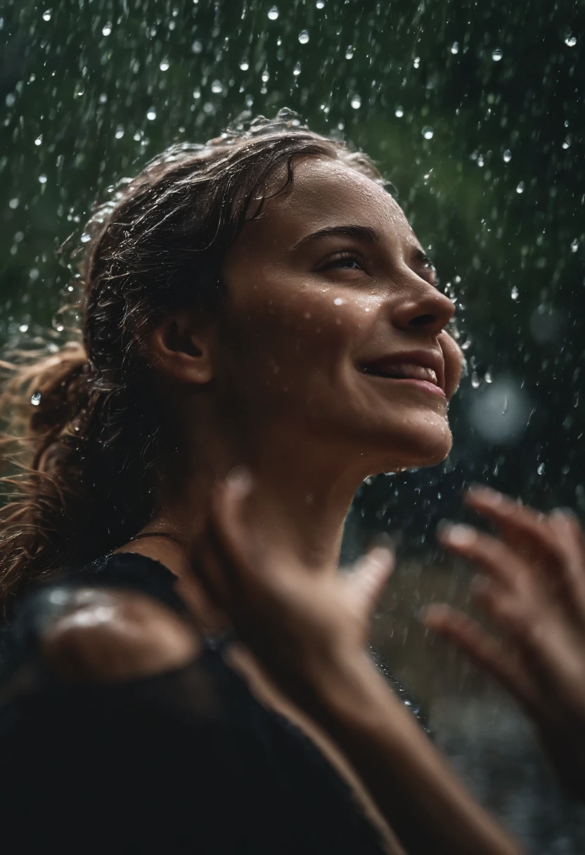 a close-up shot of the girl’s face, capturing the raindrops on her skin and the intensity of her emotions as she dances in the rain