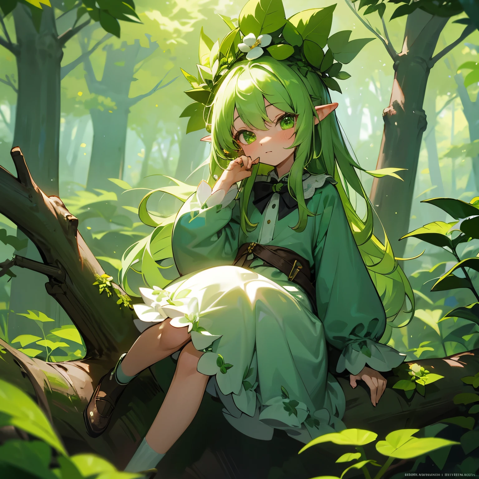 1 girl,solo,5 years old,young,sitting on a tree branch,green hair,green eyes,sparkling eyes,green fluffy dress,leafっぱのような,透明な虹色のgoblinの羽,flower crown,森のgoblin,cute,kind,fantasy,,small,child,goblin,goblinの,若leaf,Clover,leaf,plant,fantastic bright forest,secret flower garden,magic,best quality,high quality,high resolution