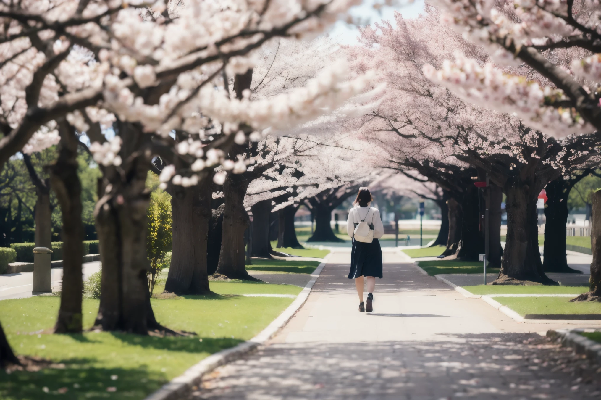((best quality)), ((masterpiece)), (detailed), university, cherry trees , bokeh, no people, a Japanese girl, walking, from behind, spring day, bright particles