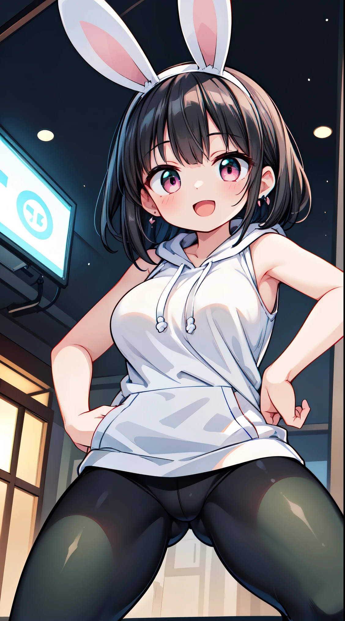 (super fine illustration:1.2),(masterpiece, 8k), (best quality, high quality:1.4), perfect anatomy, hyper detailed, ultra detailed,masterpiece background,beautiful detailed background, v8k wallpaper,perfect design,award-winning art,atmospheric, BREAK, 1 beautiful girl, (horny girl, cute, full of energy),(Cute:1.5),(Chibi:0.6),(kawaii:1.5),(change:0.5),BREAK,( girl), colorful, highest details, BREAK, (Huge breasts: 1.35), (black hair:1.75), (Side Ponytail,medium-Long hair: 1. 2), (pink eyes, long eyelashes, Double eyelids: 1. 2), (white bunny ears headband:1.2),gleaming skin,Clear skin, Beautiful skin, Shy skin,(best quality face),(Top quality glowing eyes),(The best smile,:D:1.45), nose blush,BREAK squatting, hands in pocket, close-up thighs,
BREAK (black theme:1.4), (sleeveless black hoodie:1.4), ((bare shoulder, bare arms):1.3),
BREAK (black and deep-green calligraphy patterns leggings pants:1.4), (earrings:1.2), (sports shoes:1.1),black pantyhose, BREAK outdoors, winter park, snow, BREAK,wakame,wakame,wakame,(from below,cowboy shot:1.5) , hanging breasts, nose blush, heavy breathing, steam, ((:o):1.2) BREAK,(Blurry background:1.3),(absurderes, hight resolution, Super Detail Art),cel shading,Clear Color, Lonely optical effect, Beautiful pictures, Bright glow, mystic atmosphere,(Close-up of girl:0.8), Mystical light particle effect,manga influence, clean line drawings