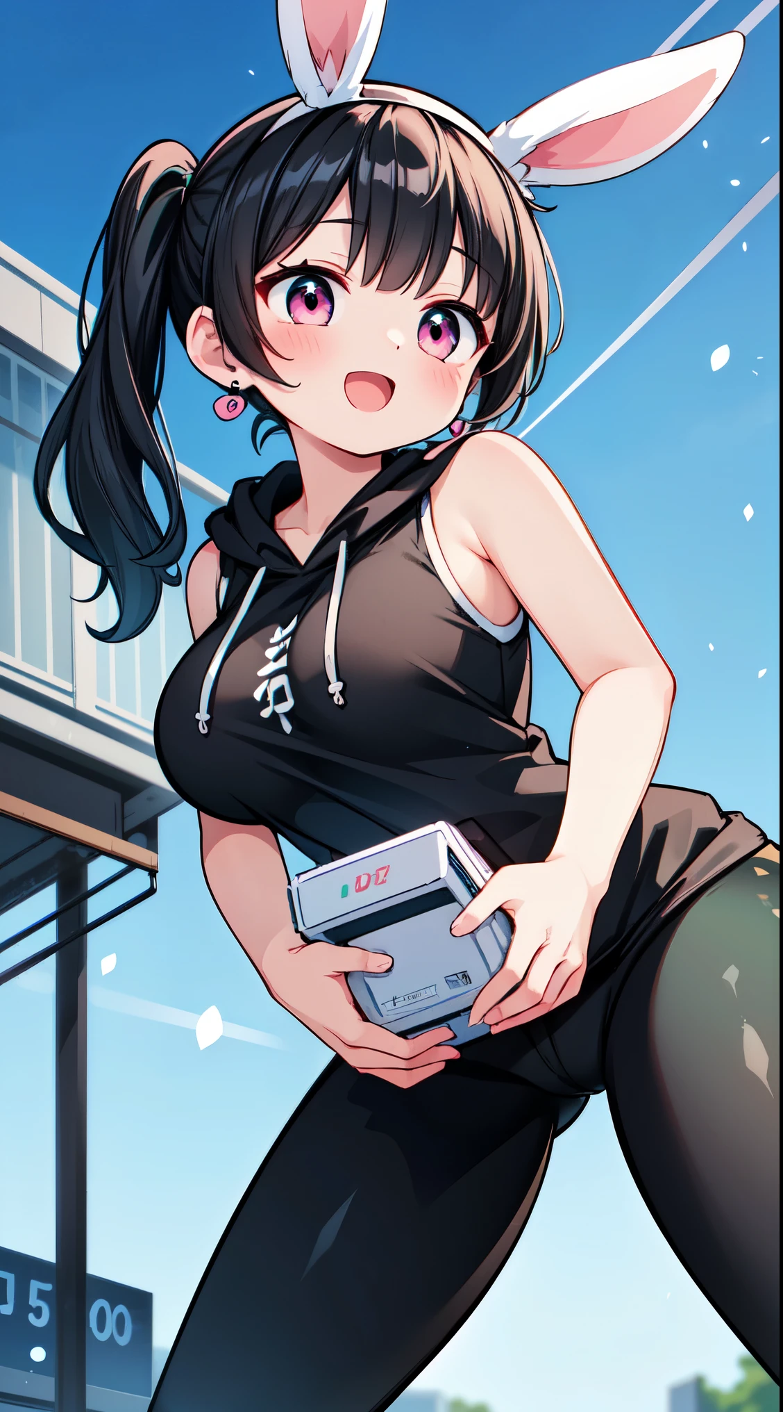 (super fine illustration:1.2),(masterpiece, 8k), (best quality, high quality:1.4), perfect anatomy, hyper detailed, ultra detailed,masterpiece background,beautiful detailed background, v8k wallpaper,perfect design,award-winning art,atmospheric, BREAK, 1 beautiful girl, (horny girl, cute, full of energy),(Cute:1.5),(Chibi:0.6),(kawaii:1.5),(change:0.5),BREAK,(17 years old girl), colorful, highest details, BREAK, (Huge breasts: 1.35), (black hair:1.75), (Side Ponytail,medium-Long hair: 1. 2), (pink eyes, long eyelashes, Double eyelids: 1. 2), (white bunny ears headband:1.2),gleaming skin,Clear skin, Beautiful skin, Shy skin,(best quality face),(Top quality glowing eyes),(The best smile,:D:1.45), nose blush,BREAK squatting, hands in pocket, close-up thighs,
BREAK (black theme:1.4), (sleeveless black hoodie:1.4), ((bare shoulder, bare arms):1.3),
BREAK (black and deep-green calligraphy patterns leggings pants:1.4), (earrings:1.2), (sports shoes:1.1),black pantyhose, BREAK outdoors, winter park, snow, BREAK,wakame,wakame,wakame,(from below,cowboy shot:1.5) , hanging breasts, nose blush, heavy breathing, steam, ((:o):1.2) BREAK,(Blurry background:1.3),(absurderes, hight resolution, Super Detail Art),cel shading,Clear Color, Lonely optical effect, Beautiful pictures, Bright glow, mystic atmosphere,(Close-up of girl:0.8), Mystical light particle effect,manga influence, clean line drawings
