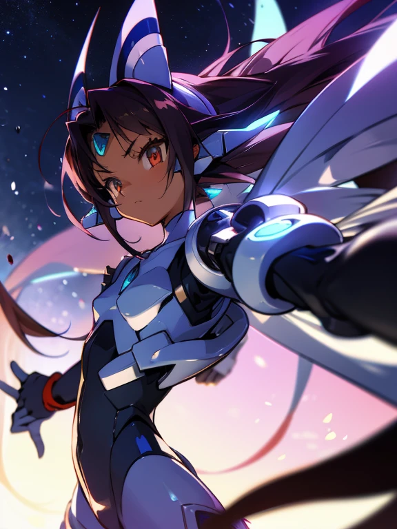 Masterpiece, best quality, highres, amazing quality, devouring the starry sky, tenchi muyo, (mega mewtwo y), flat chested, (male), (8  boy), (shota), (Dark skin), cute, red eyes, very long dark brown hair, blue gem on forehead, white mecha musume armour, white exosuit armour, black powersuit, white mecha armour legging, mechanical tail, badass, cool, shounen, close up,