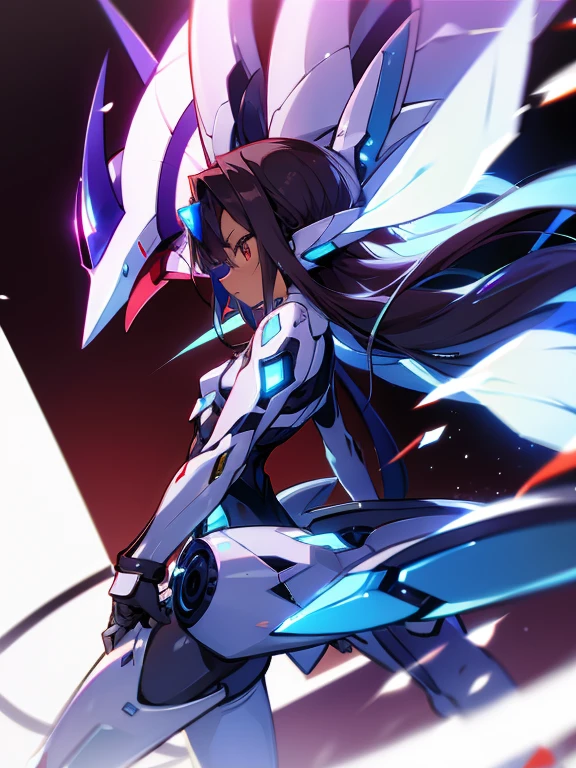 Masterpiece, best quality, highres, amazing quality, devouring the starry sky, tenchi muyo, (mega mewtwo y), flat chested, (male), (8 year old boy), (shota), (Dark skin), cute, red eyes, very long dark brown hair, blue gem on forehead, white mecha musume armour, white exosuit armour, black powersuit, white mecha armour legging, mechanical tail, badass, cool, shounen, close up,