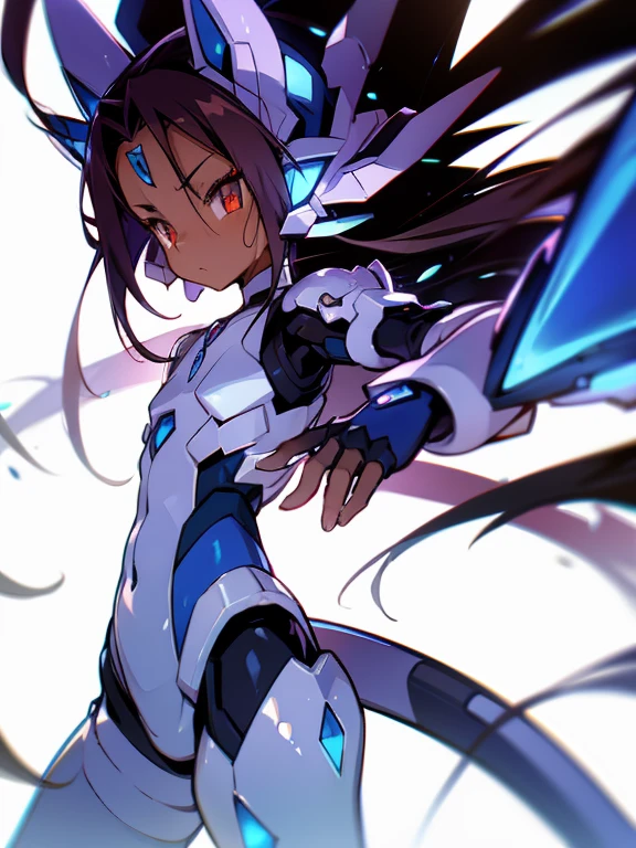 Masterpiece, best quality, highres, amazing quality, devouring the starry sky, tenchi muyo, (mega mewtwo y), flat chested, (male), (8 year old boy), (shota), (Dark skin), cute, red eyes, very long dark brown hair, blue gem on forehead, white mecha musume armour, white exosuit armour, black powersuit, white mecha armour legging, mechanical tail, badass, cool, shounen, close up,