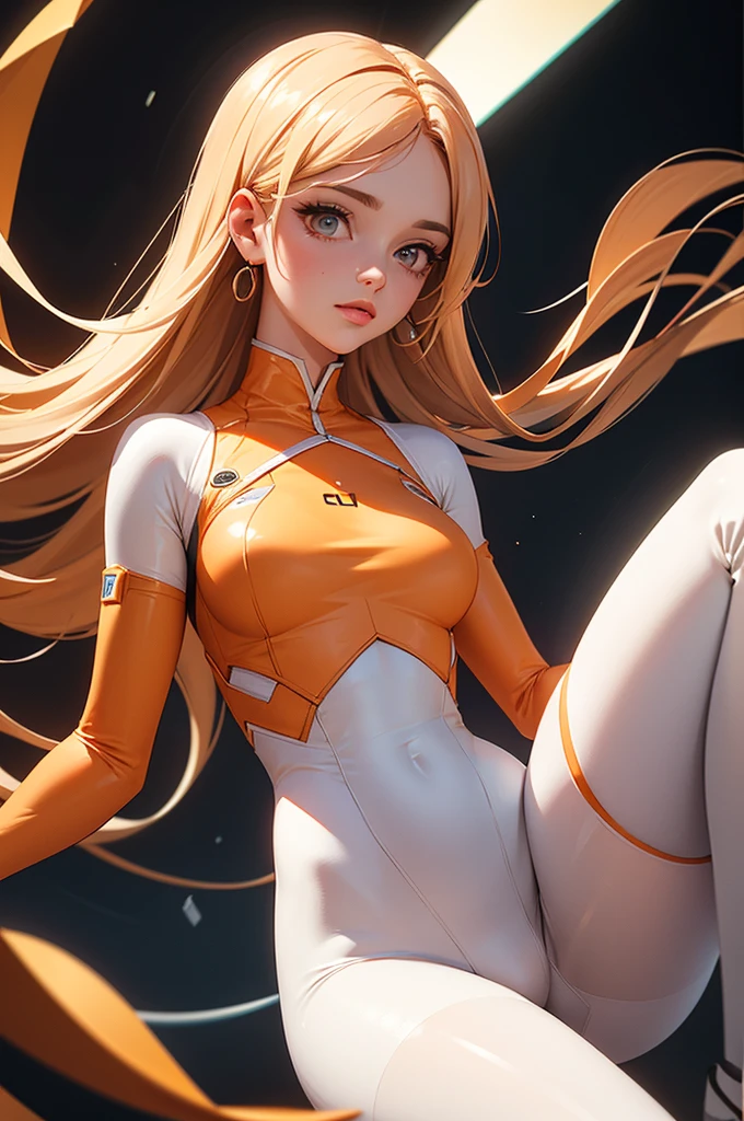 (best quality,8k:1.2,high resolution:1.2),ultra-detalhado,Realistic,retro science female,static pose,long hair,rosto extremamente detalhados,long eyelashes,all sheer light orange Collant de nylon Apertado,white pantyhose, light orange gloves,light orange Glossy metalic accessories,Physically-based rendering,foco nítido,studio lighting