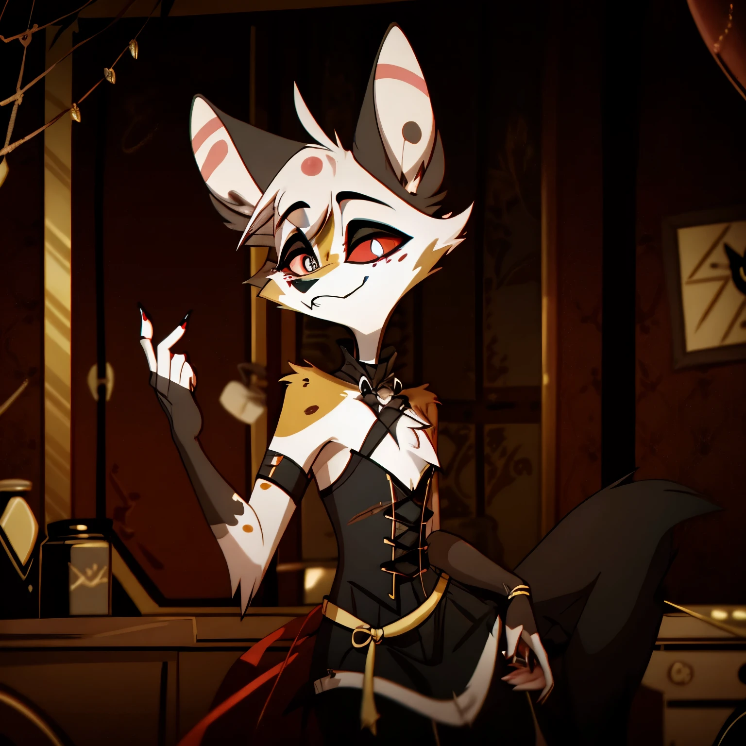 The stunning male demon in the Hazbin Hotel universe draws inspiration from the African wild dog, exuding a captivating and edgy beauty. Dressed in gothic fashion, he commands attention with his dark attire and commanding presence. His piercing eyes and sharp features add to his mysterious and charismatic nature. With powerful movements, he leaves a lasting impression, embodying a unique blend of wild allure and dark elegance in the Hazbin Hotel world.