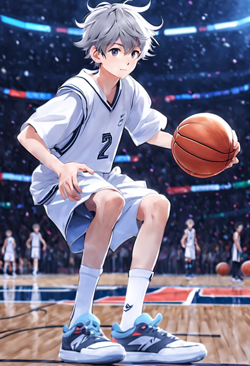 masterpiece,best quality,4k quality,unparalleled clarity,full body character,panoramic, Delicate face,
a boy,sports student,Handsome boy,cute,12 years old,anime characters,Heterochromic eyes,smirk,Male focus is prominent,Gray hair is messy,sportswear,White basketball shoes,duck sitting,white socks,Living room background with clear face