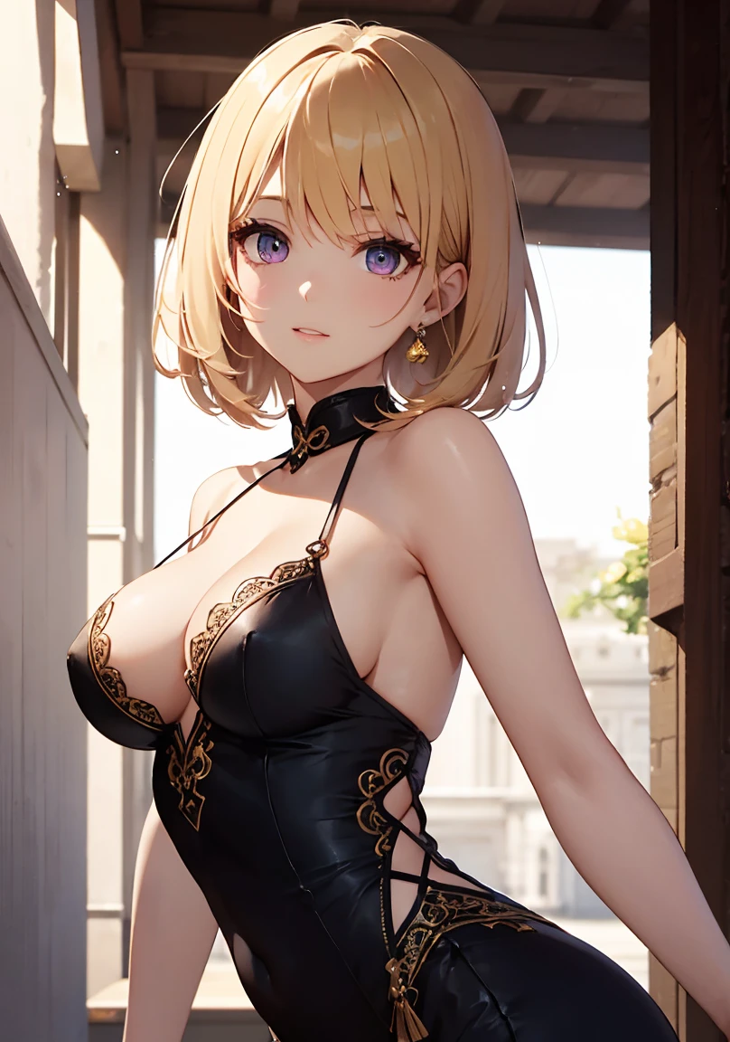 masterpiece, absurdres, best quality, ultra detailed, high Resolution, detailed illustration, extremely beautiful detailed face and eyes, Delicate beautiful face, bright colour, 1girl, cute face, magenta eyes, sparkling eyes, big eyes, medium breasts, (perky breasts:1.1), (pointy breasts:1.1), medium hips, glamorous body, white skin, happy, BREAK, long bob cut, (blonde hair:0.8), messy hair, detailed hair, shiny hair, BREAK Maxi dress, tiny ribbon, Wedding hall, real world, natural lights, perfect lighting, outdoor,