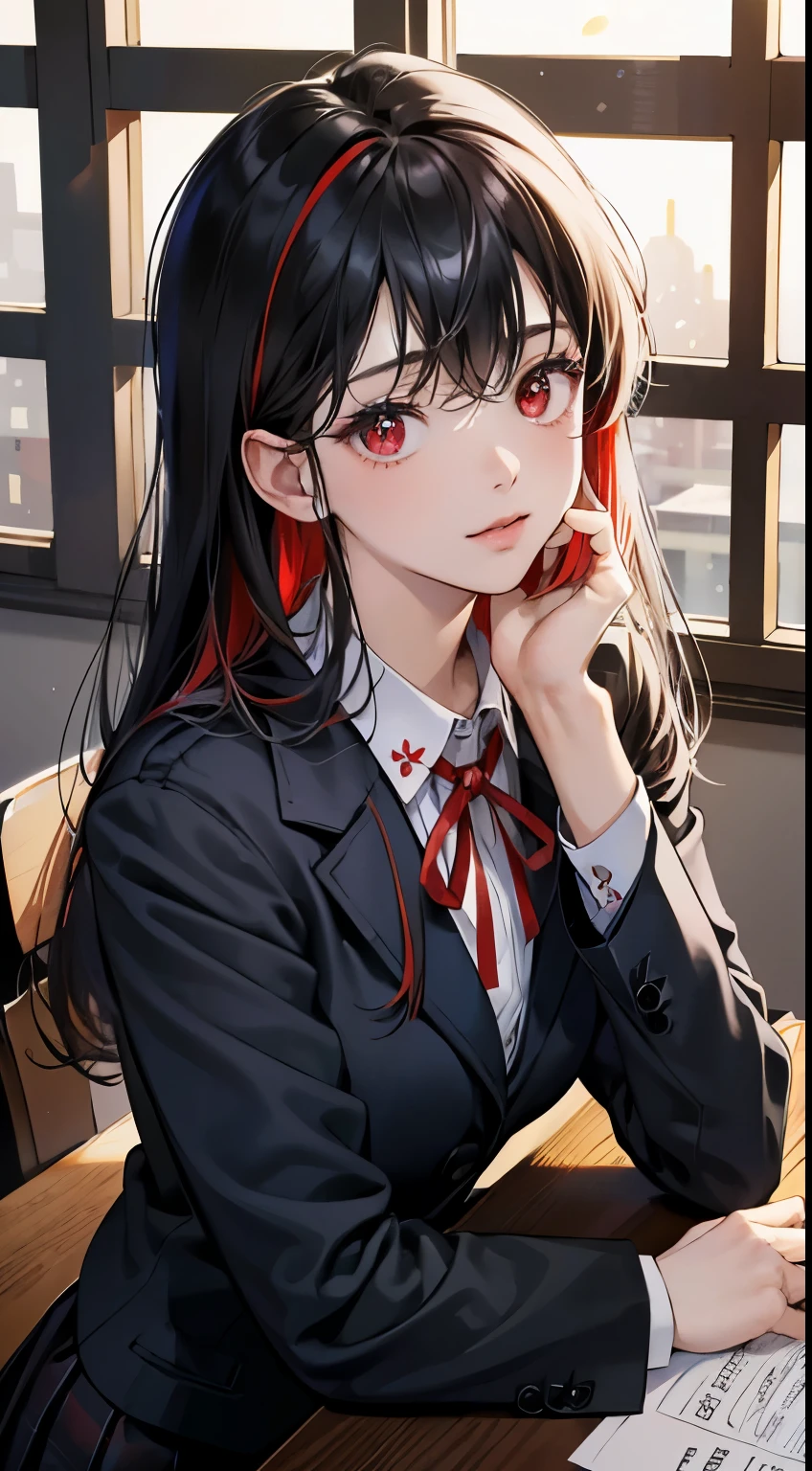 high quality、High level image quality、Long straight black hair with red highlights、red eyes、In the classroom、Japanese high school girl、navy blue blazer、checked collar ribbon、school uniform、beautiful girl、rest your elbows on the desk、put your chin on your hand、with chin resting、look out the window