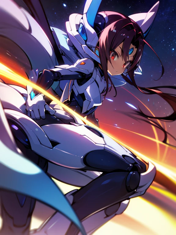 Masterpiece, best quality, highres, amazing quality, devouring the starry sky, tenchi muyo, (mega mewtwo y), flat chested, (male), (8 year old boy), (shota), (Dark skin), cute, red eyes, very long dark brown hair, blue gem on forehead, white mecha musume armour, white exosuit armour, black powersuit, white mecha armour legging, mechanical tail, badass, cool, shounen, close up,