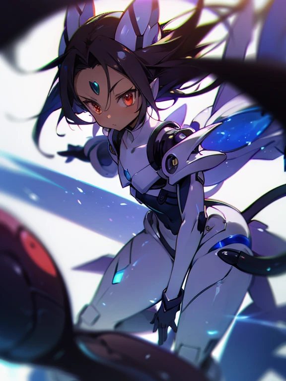 Masterpiece, best quality, highres, amazing quality, devouring the starry sky, tenchi muyo, (mega mewtwo y), flat chested, (male), (8 year old boy), (shota), (Dark skin), cute, red eyes, very long dark brown hair, blue gem on forehead, white mecha musume armour, white exosuit armour, black powersuit, white mecha armour legging, mechanical tail, badass, cool, shounen, close up,