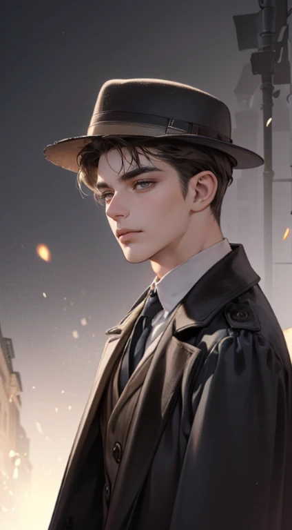 masterpiece, highest quality, realistic, 1 man, mature men, Quiet and charming young man, 25 years old, Close ~ eyes, serious expression, highly detailed face, ((dark gray eyes)), ((Short right sweep dark brown hair)), [thick eyebrows], detective, ((Wearing a classic overcoat and fedora hat)), cinematic lighting, looking at the audience, postural dynamics, victorian era