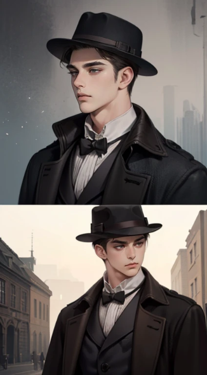 masterpiece, highest quality, realistic, 1 man, mature men, Quiet and charming young man, 25 years old, Close ~ eyes, serious expression, highly detailed face, ((dark gray eyes)), ((Short right sweep dark brown hair)), [thick eyebrows], detective, ((Wearing a classic overcoat and fedora hat)), cinematic lighting, looking at the audience, postural dynamics, victorian era