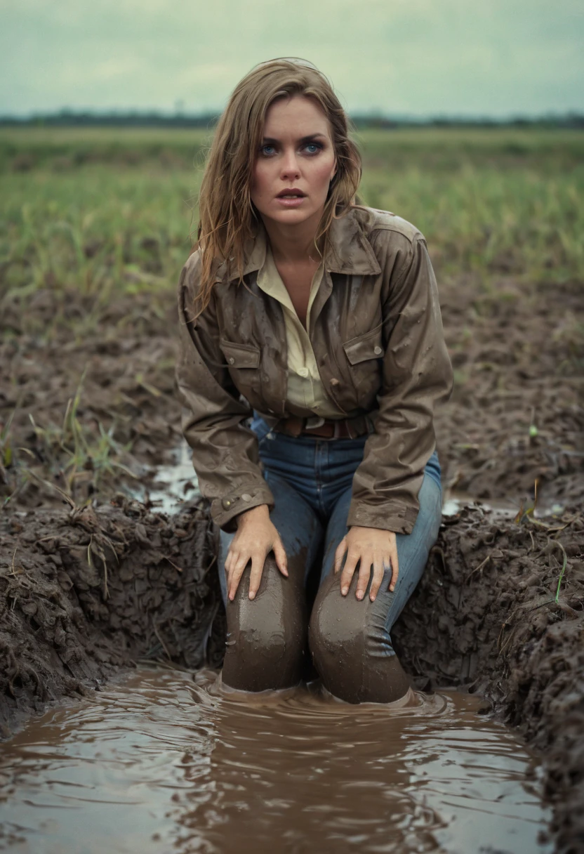 vulnerable shy woman, high waist flared mud covered jeans, mud covered jacket, mud covered blouse, deep sits on back in bog, drowning in bog, caught in sexual+fetish+session, wet+muddy+clothes, 70s style, deep focus, vintage film grain, retro color grading, soft lighting