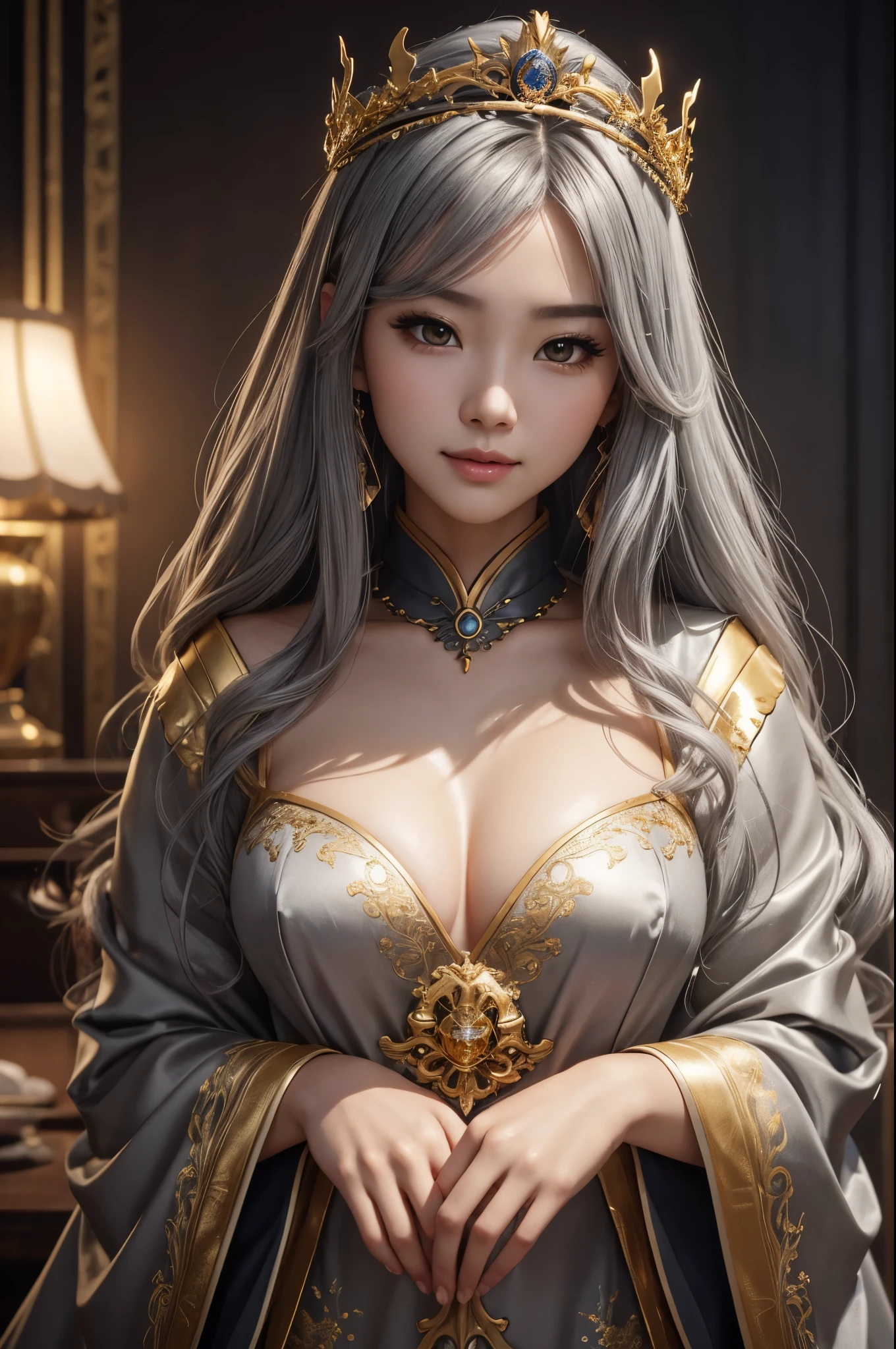 8K,small breasts,gray long hair,黒と金のsexyな衣装を着た女性のクローズアップ, beautiful fantasy empress, ((beautiful fantasy empress)), small breasted gray haired welcomes. very high detail, welcome, extremely detailed welcomes shot, up to the model | types of bacteria, trending on cgstation, Chenwei Pan On Art Station, Leo gorgeous gray haired welcomes, beautiful gray haired welcomes, luxurious white and gold cloak,Super high resolution,超realistic skin,beautiful expression,fantasy art,laughter(Like the real thing),gray long hair,small breasted welcomes,straight hair,golden eyes,超sexy,rich colors, Backlight, cinematic lighting, film grain, born, 50mm lens, Nikon D850,realistic skin,golden eyes,sexy,sexyなポーズ,