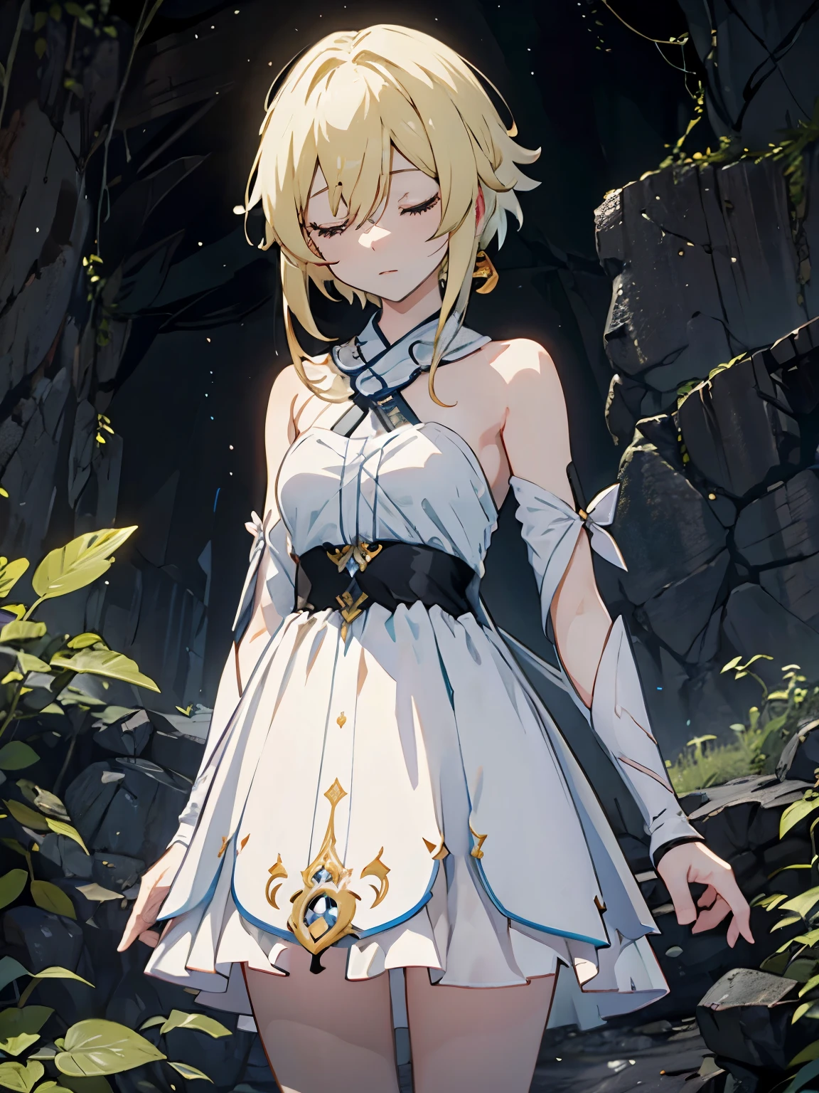 { masterpiece } { Background = Horror theme : in a dark creepy cave } { Character = Lumine (Genshin Impact) : fit body : blonde hair : white dress : closed eyes : embraced : expressionless }