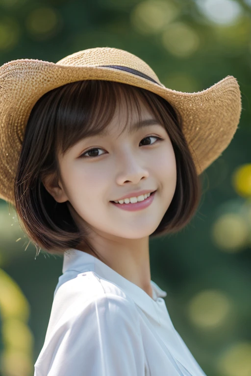 masterpiece、4K、top-quality、beautiful Korean women、detail portrayal、1 girl in、23years old、(Barong:1.1)、bob cuts、naturey、depth of fields、cowboy shot、(Angle from below:1.2)、ssmile