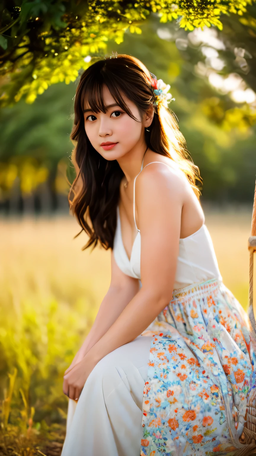 (realistic, photo-realistic:1.4), (extremely detailed 8k wallpaper), sharp focus, depth of field, blur background, detailed beautiful eyes and skin, (Image from thighs to head), Canon R5 50mm, ((Japanese idol)), large breast, White bohemian maxi dress, Dreamy expression, Sunset-lit meadow, Vintage swing,