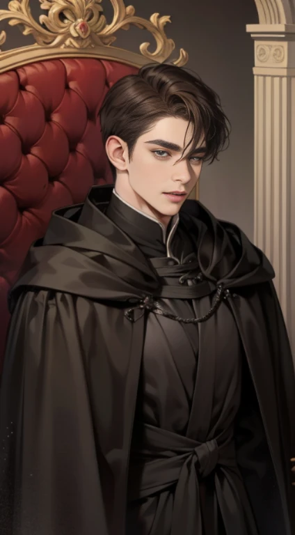 masterpiece, highest quality, detailed face, realistic, 1 man, mature men, Handsome young man, 25 years old, closed mouth, portrait, extremely detailed face, Cold and grin, ((dark gray eyes)), ((Short right sweep dark brown hair)), [thick eyebrows], On the throne, ((Long black cloak)), ((All Black)),