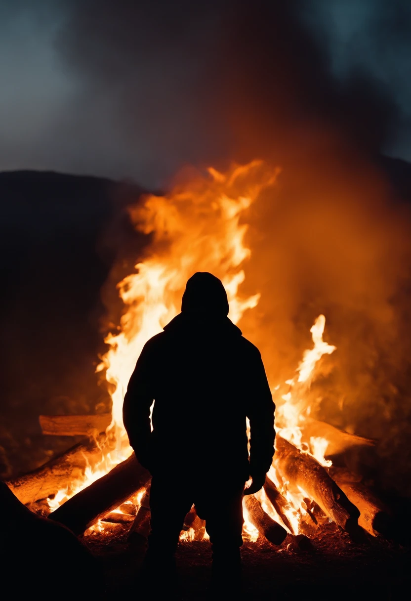 a silhouette shot of someone or something against the backdrop of a roaring bonfire, highlighting the contrast between the dark figure and the intense brightness of the fire