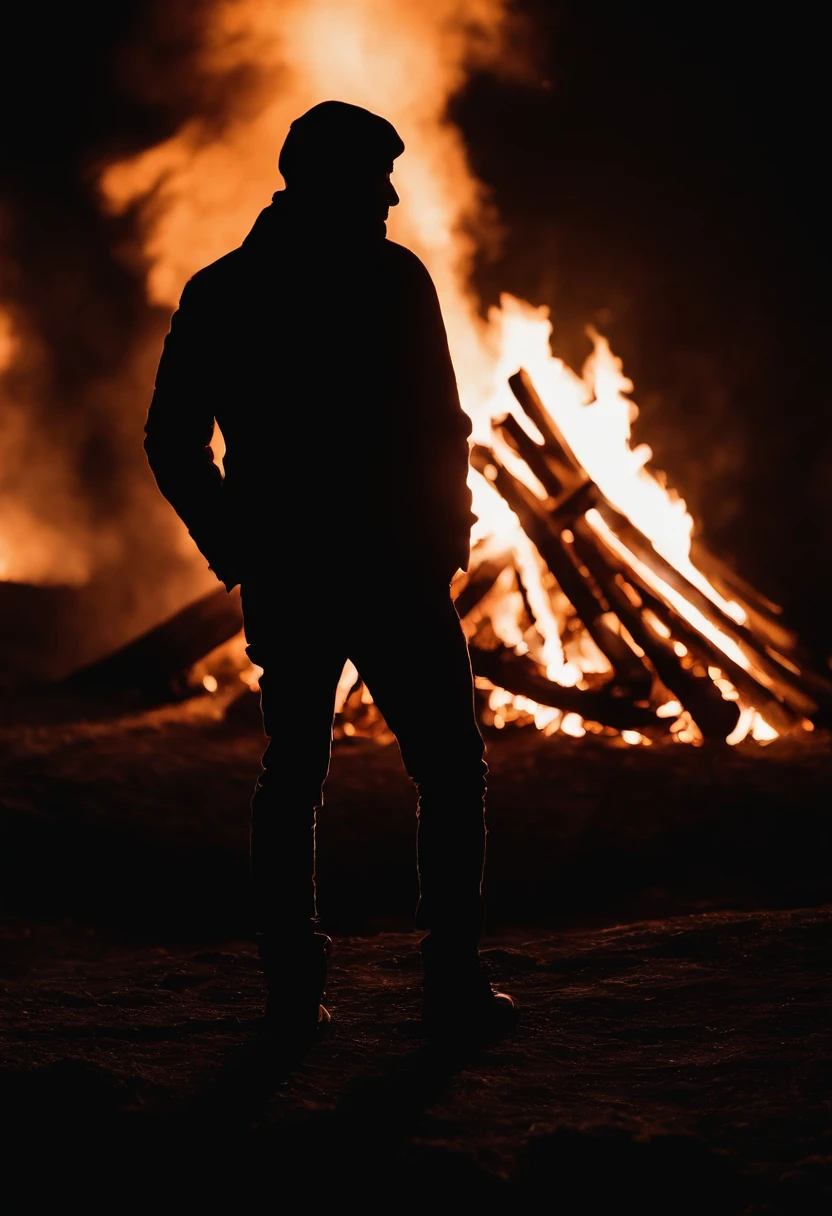 a silhouette shot of someone or something against the backdrop of a roaring bonfire, highlighting the contrast between the dark figure and the intense brightness of the fire
